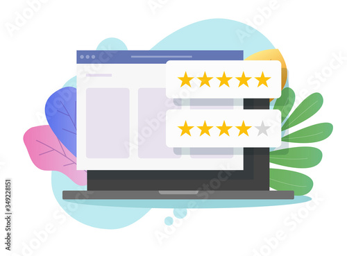 Online reviews on website page or internet web testimony on computer laptop vector flat cartoon, illustrated pc with feedback or reputation review stars rating modern design icon image