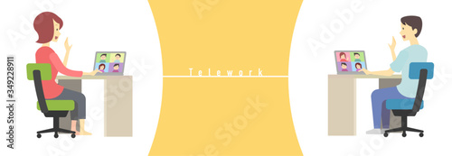 Vector illustration of a man and woman teleworking