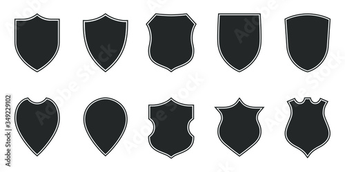 Shields graphic icons set. Blank heraldic shields signs isolated on white background. Symbols power, protection and coat of arms. Vector illustration