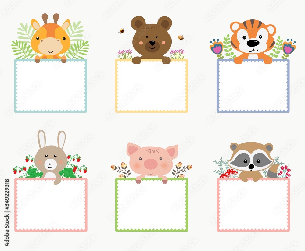 Set cute note and sticker with animals. Template for agenda, planners,  check lists, and other stationery. Stock Vector | Adobe Stock
