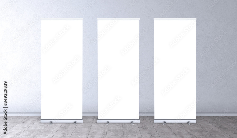 Empty three rollup banners stand. Blank template mockups. Exhibition stand 3 roll-up banners, screen for you design. Vertical white roll up for preview. Empty three rollup banners stand. Blank template mockups. Exhibition stand 3 roll-up banners, screen for you design. Vertical white roll up for preview.