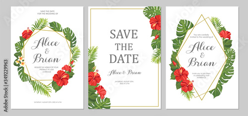 Wedding invitation set. Cards with red flowers hibiscus and tropical green leaves. Floral geometric border. Save the date, invite, birthday card design. Vector illustration.