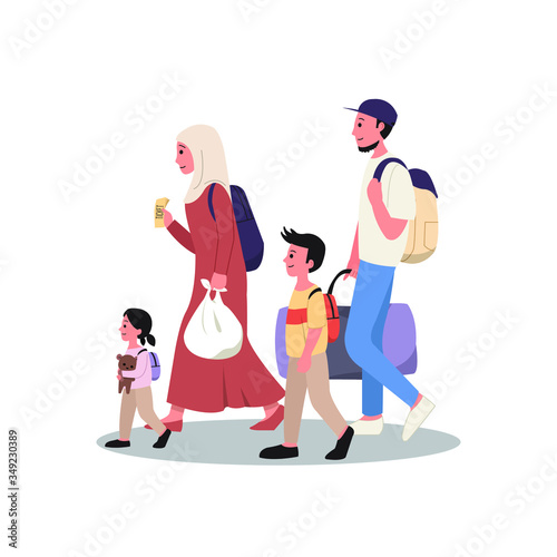 Moslem family traveling on holiday. Homecoming tradition for eid al fitr. Flat style vector isolated on white background