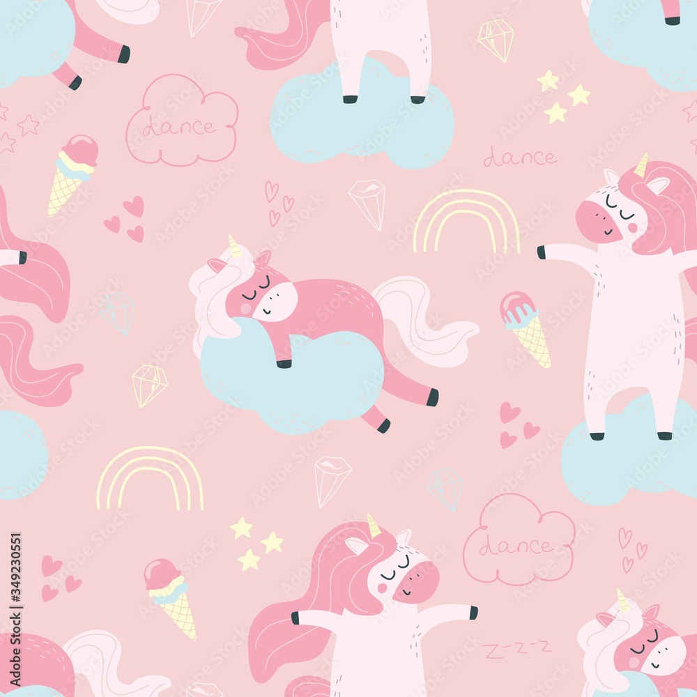 Seamless pattern with unicorns, hearts, diamonds, stars, clouds and rainbows on a pink background. Vector illustration for creating seamless patterns, printing on a postcard, fabric, or clothing.