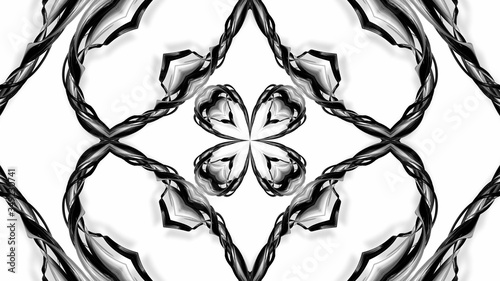 black and white stripes are twisted forming complex symmetrical structures like flower, ornament pattern or kaleidoscope