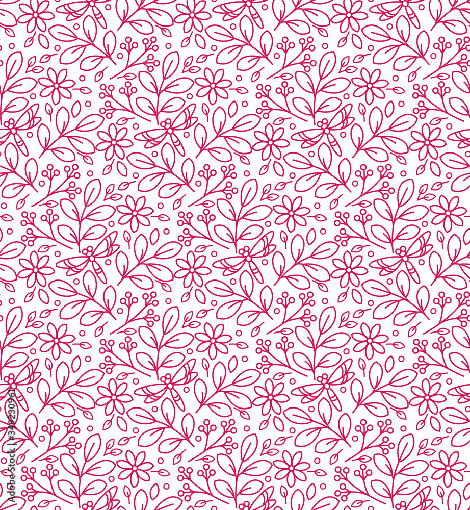 Fototapeta premium Pattern with a dragonfly, twigs and flowers on a white background. Decorative, abstract. Suitable for curtains, wallpapers, fabrics, tiles, wrapping paper.
