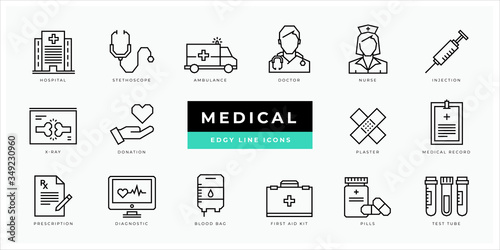 Medical icon set - minimal thin outline, web icon and symbol collection – hospital, doctor, care, lab, medicine, health, ambulance, emergency, nurse, pills, blood. Simple edgy vector illustration.