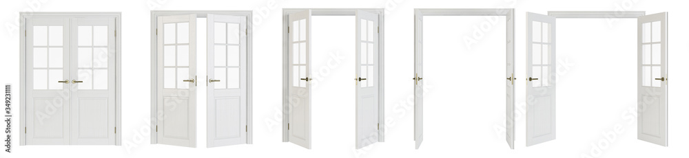 Interroom door isolated on white background. Set of wooden doors at different stages of opening. 3D rendering. Interroom door isolated on white background. Set of wooden doors at different stages of opening. 3D rendering.
