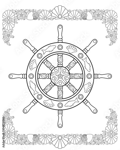 Sea vector coloring antistress with a helm decorated with shells, fish and starfish. Handwheel in a frame of marine ornaments - a vertical page for rsskrasky antistress. Outline.