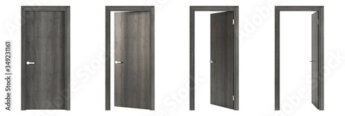 Interroom door isolated on white background. Set of wooden doors at different stages of opening. 3D rendering.