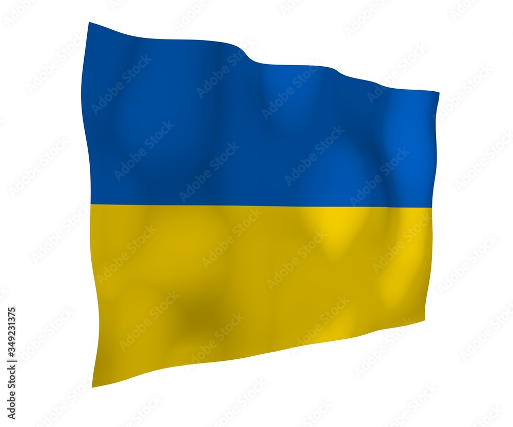 The flag of Ukraine on a white background. National flag and state ensign. Blue and yellow bicolour. 3D illustration waving flag The flag of Ukraine on a white background. National flag and state ensign. Blue and yellow bicolour. 3D illustration waving flag