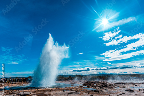 Water explosion in the Geysir Strokkur of the golden circle of the south of Iceland