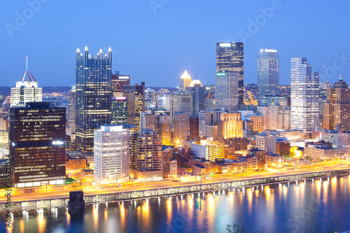 Skyline at night of the Central Business district of Pittsburgh  Pennsylvania  United States
