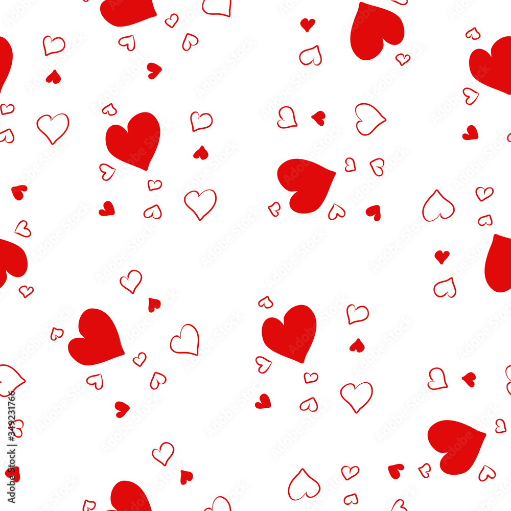 White seamless vector pattern with red hearts, love. Art continuous illustration modern