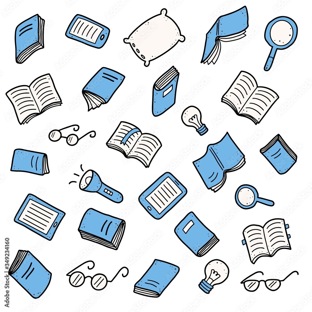 Hand drawn set of book doodle elements, e-book, lamp, education symbols ...