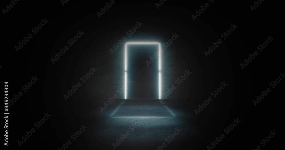 Spiritual glowing light frame of a door illuminates a dark room and hallway. Tilt down shot. Spiritual glowing light frame of a door illuminates a dark room and hallway. Tilt down shot.