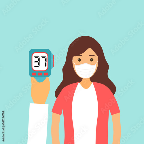 Measuring the temperature of a woman with medical digital infrared thermometer in front view. Covid-19 coronavirus epidemic outbreak. Covid-19 thermo scan checkpoint concept vector illustration.