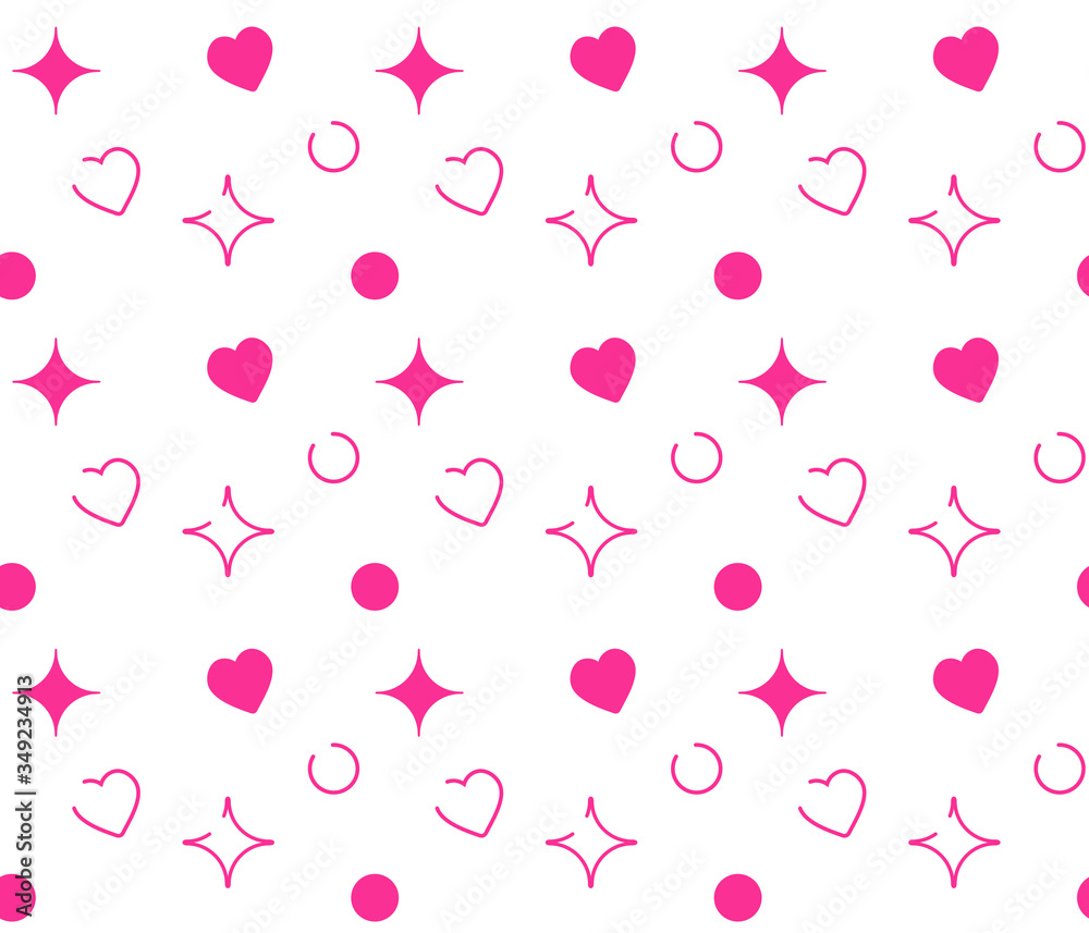 Seamless pattern with hearts, circles, stars. Cute love pattern. Background with hearts