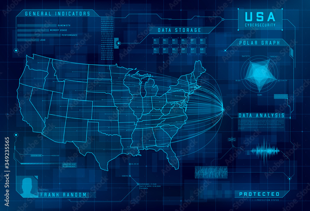 HUD map of the USA. Set of HUD callout design elements. Cybersecurity, information security, big data analytics, safety system. Futuristic digital background. Vector