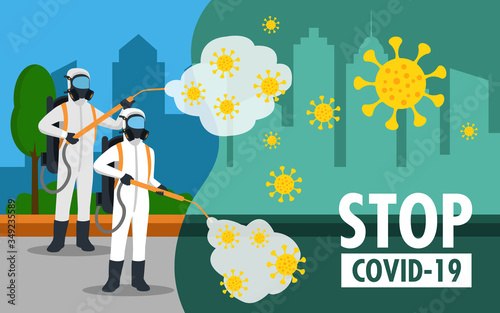 specialist in hazmat suit cleaning disinfecting coronavirus in the streets