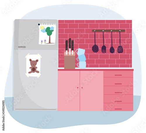 fridge stack of cups knives and cutlery cooking