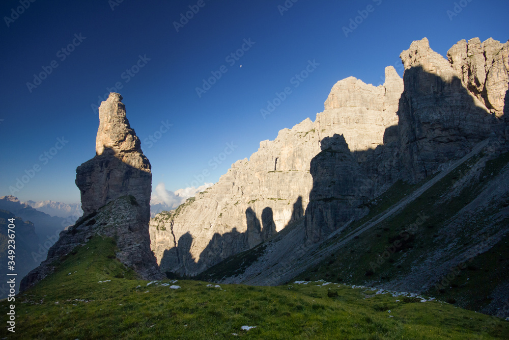 The Campanile di Val Montanaia is a rock tower surrounded by the mountains in Friuli, Italy