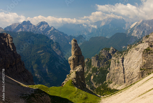 The Campanile di Val Montanaia is a rock tower surrounded by the mountains in Friuli, Italy