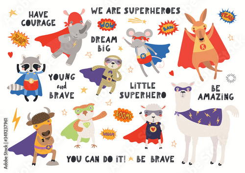 Big set of cute animal superheroes in masks, capes, flying, with quotes. Isolated objects on white background. Hand drawn vector illustration. Scandinavian style flat design. Concept for kids print.