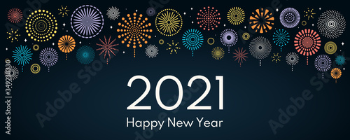 Vector illustration with bright colorful fireworks on a dark blue background, text 2021 Happy New Year. Flat style design. Concept for holiday celebration, greeting card, poster, banner, flyer.