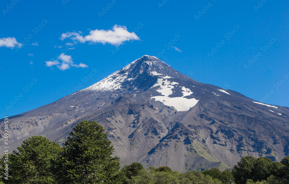 PUCON, CHILE - SEPTEMBER, 23, 2018: Pucon town in central Chile on a blue skies sunny day