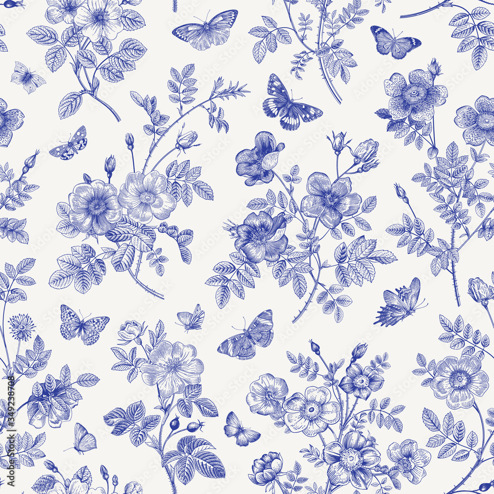 Vintage floral illustration. Seamless pattern. Wild Roses with butterflies. Blue and white. Toile de Jouy.