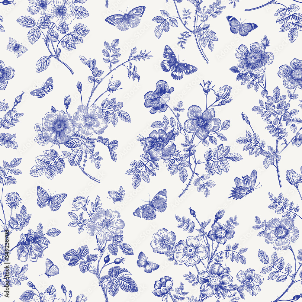 Vintage Floral Illustration Seamless Pattern Wild Roses With Vintage Floral Illustration Seamless Pattern Wild Roses With