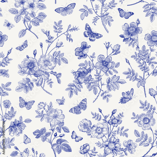 Vintage floral illustration. Seamless pattern. Wild Roses with butterflies. Blue and white. Toile de Jouy.