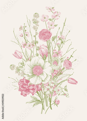 Bouquet. Spring Flowers and twig. Peonies, Spirea, Cherry Blossom, Dogwood. Vintage botanical illustration. Pink and green