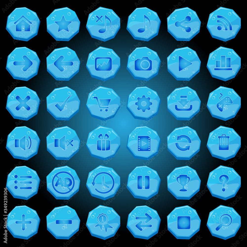 Stone buttons icons set for game interfaces blue light. Stone buttons icons set for game interfaces blue light.