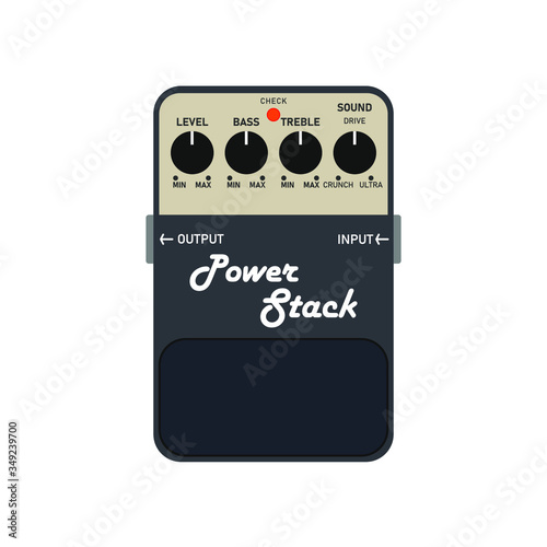 Black modern stack overdrive Cruuch to ultra distortion sound electric guitar stomp box effect with black knob knob and gold plate , graphic icon design. t-shirt artwork. Use in music business.
