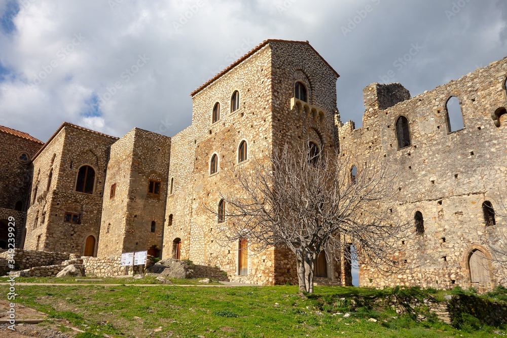 Palace of Despots and a leafless tree in Archeological site of Mystra near the Mystras city, Greece during sunset Palace of Despots and a leafless tree in Archeological site of Mystra near the Mystras city, Greece during sunset