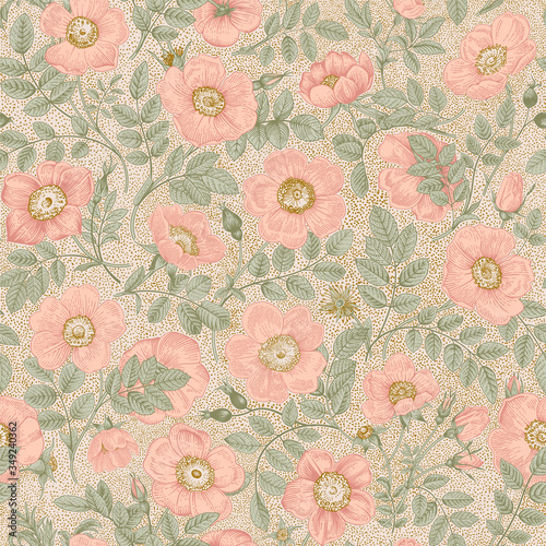 Vintage floral illustration. Seamless pattern. Wild Pink Roses.