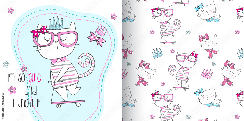 Cute animal kitten illustration with  Seamless Pattern for kids