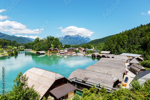 Panoramic top view of Lake Königssee, port for electric boats, mountains in the background