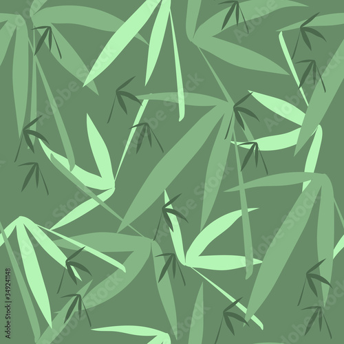 Seamless green pattern of bamboo leaves. Textile texture of leaves on a green background for fabric, kitchen textiles and wallpaper on the wall.