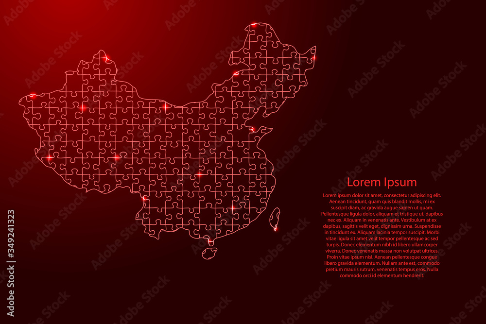 China map from red pattern from composed puzzles and glowing space stars. Vector illustration. China map from red pattern from composed puzzles and glowing space stars. Vector illustration.