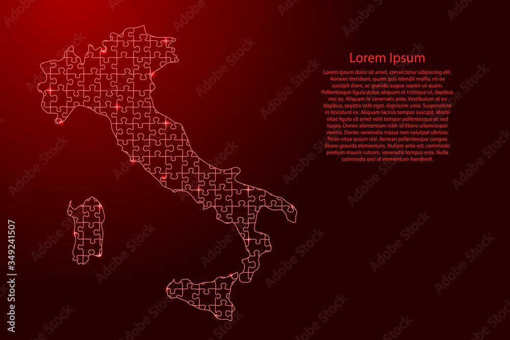 Fototapeta premium Italy map from red pattern from composed puzzles and glowing space stars. Vector illustration.