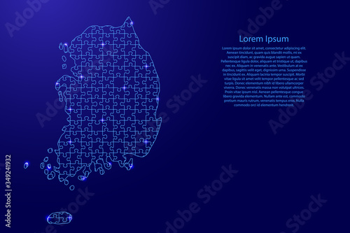 South Korea map from blue pattern from composed puzzles and glowing space stars. Vector illustration.