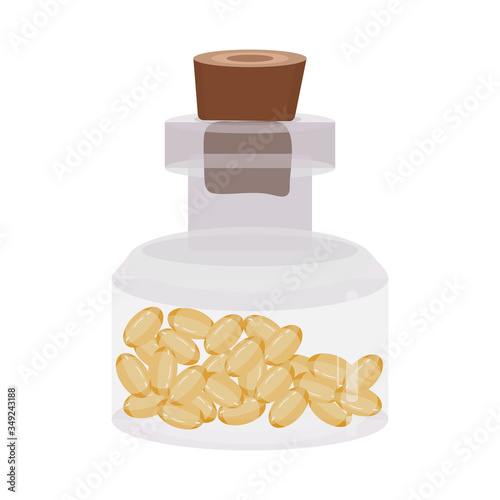 Glass flacon of round shape with stopper and Vitamins E, D, Gel pill, fish oil ets. Glass bottle flat vector stock illustration with oils capsules, gold oval bubble, isolated on white background.