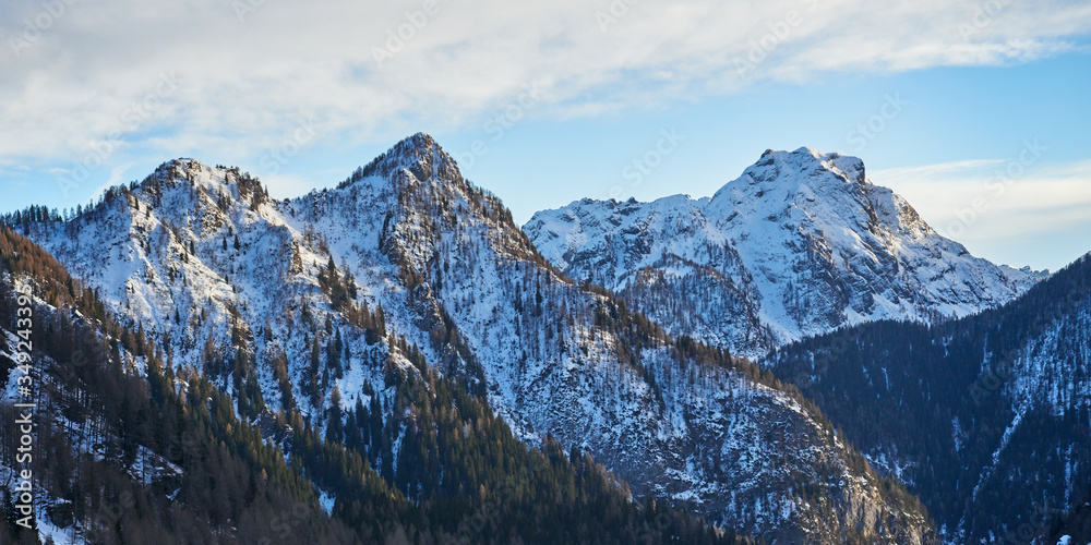 Winter mountains panoramic view near Val Gardena ski resort in Italy.