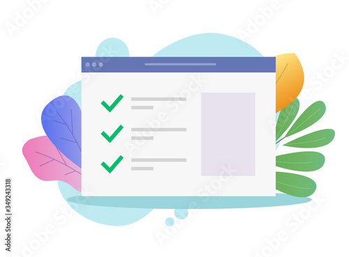 Check list website online form or internet web check marks vector flat cartoon, illustrated webpage with checklist ticks or checkmarks as quiz or survey, idea of to do list modern design image