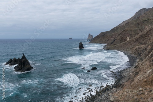 Playa de Benijo black sand beachTenerife Canary Islands Canaries  Spain aerial drone view photo