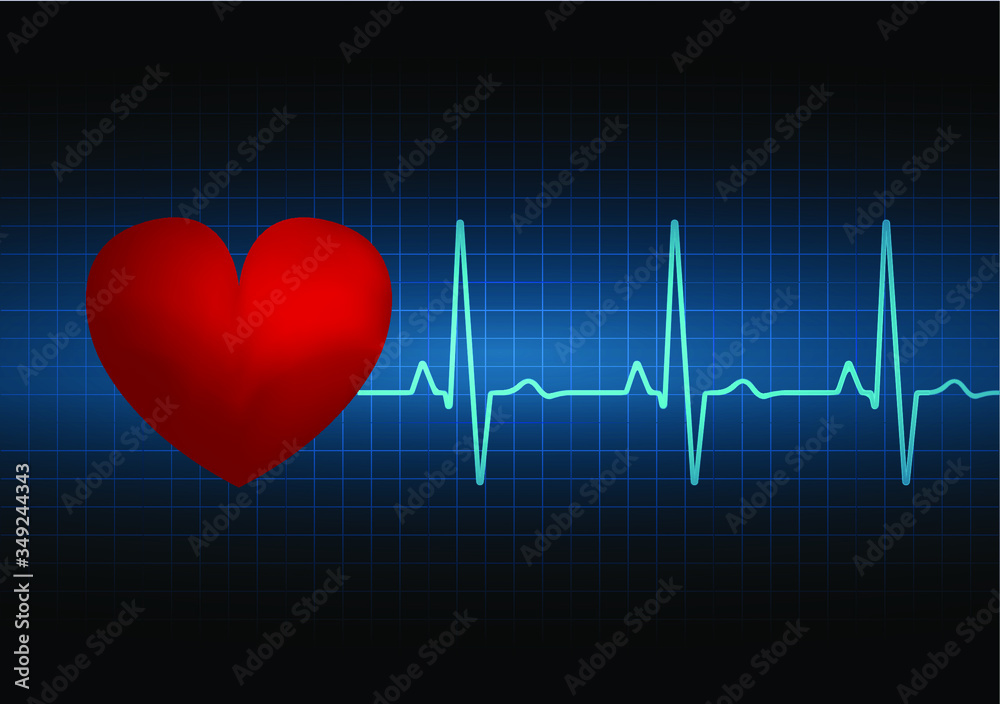 Heart rate graph. Heart beat. Ekg icon wave. Turquoise color. Red heart at the beginning of the cardiogram. Stock vector illustration.