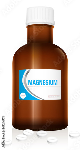Magnesium pills in a medicine bottle, supplement pills vial, a medical fake product. Isolated vector illustration over white background.

